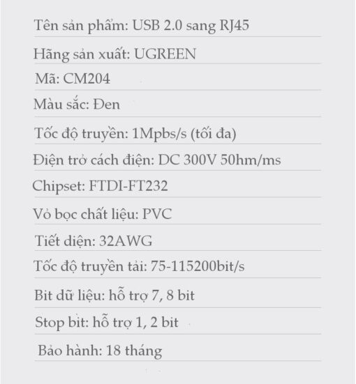 Cáp Console UGREEN CM204 50773 Dài 1.5m Chuyển USB 2.0 sang RJ45 FTDI (chuẩn 8 pin)