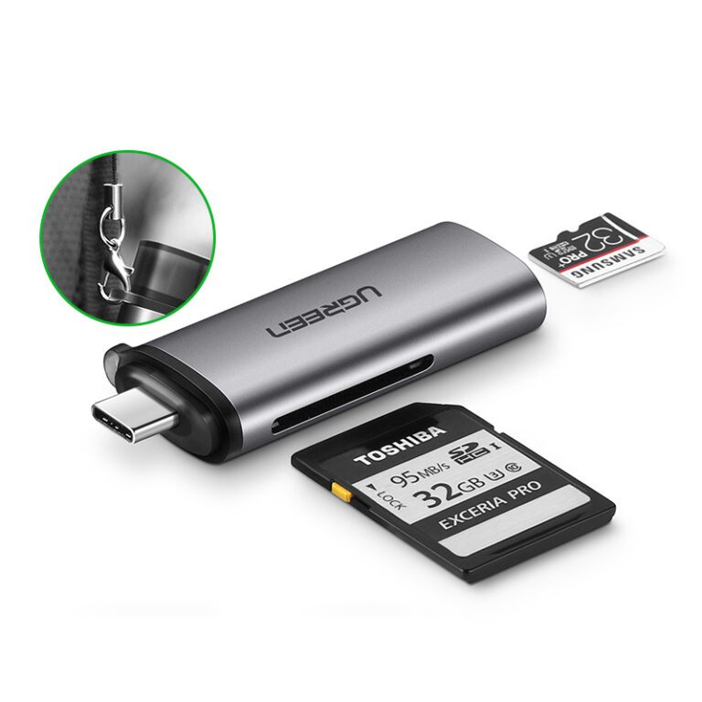 Đầu đọc thẻ Type C UGREEN CM184 – mã 50704: 2 đầu USB type C hỗ trợ 2 khe thẻ cắm SD và TF
