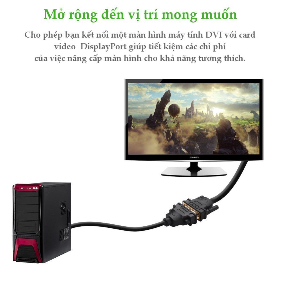 Cáp chuyển đổi DisplayPort (20 pin) cổng đực sang DVI-I (24+5) cổng cái dài 15CM UGREEN 20405 (màu đen)