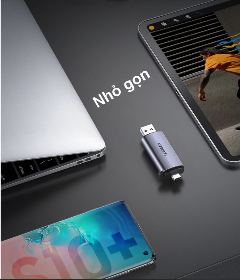 Đầu đọc thẻ Type C UGREEN CM184 – mã 50704: 2 đầu USB type C hỗ trợ 2 khe thẻ cắm SD và TF