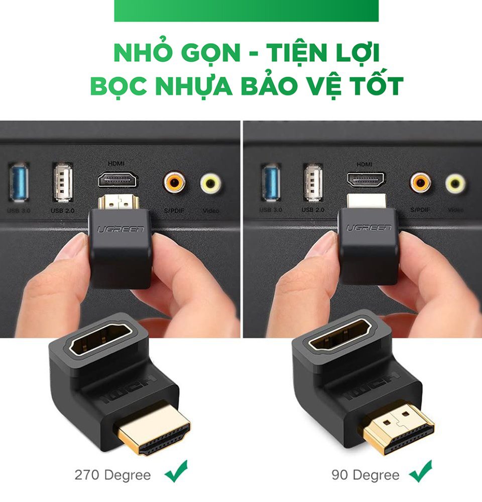 Đầu nối cổng HDMI male sang HDMI female vuông góc 90 độ BẺ XUỐNG UGREEN 20109