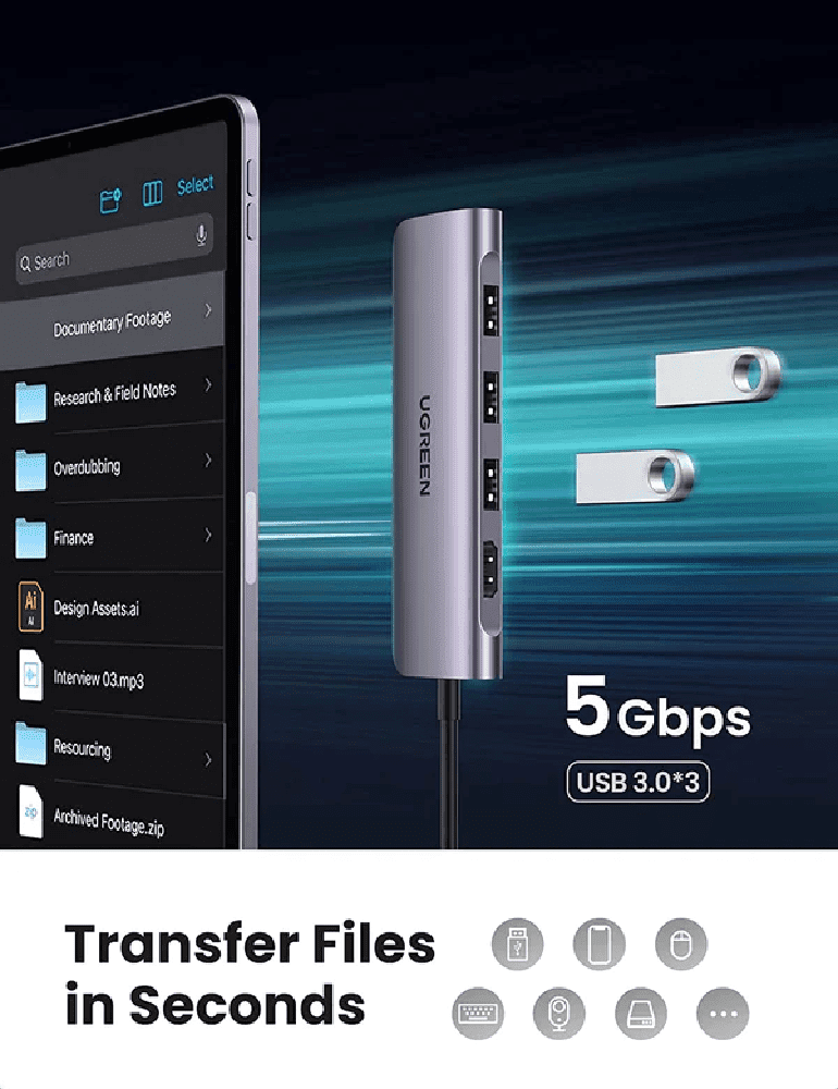 Hub Ugreen 70410 6 trong 1, USB Type C sang 3 cổng USB 3.0, USB-C to 3 Ports USB3.0-A Hub + HDMI + TF/SD (Space Gray)