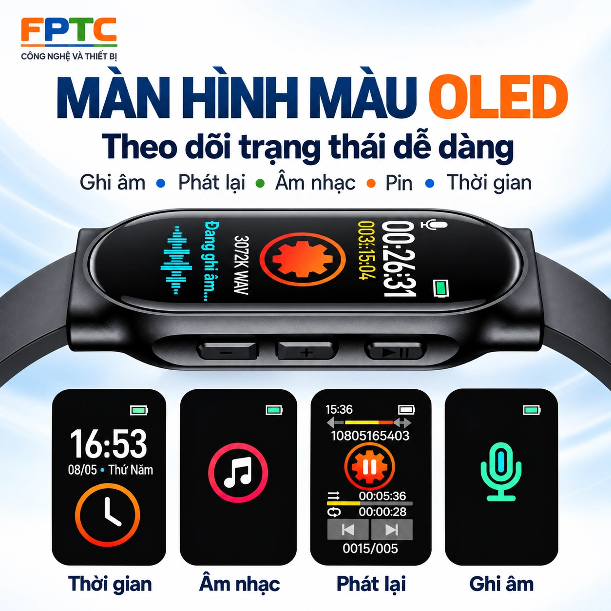 Máy ghi âm đồng hồ đeo tay Lenovo C1 – Ghi liên tục 15 giờ