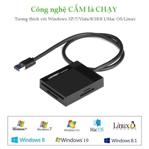 Đầu đọc thẻ Ugreen CR125 30231 đầu vào USB 3.0 siêu nhanh Dài 1m