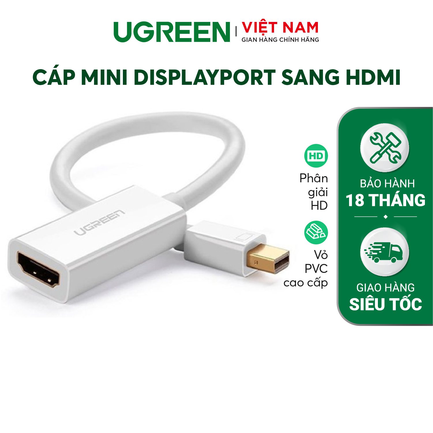 Cáp chuyển đổi Mini DisplayPort đực sang HDMI cái hỗ trợ 1080P dài 18cm UGREEN MD112 10460 Trắng