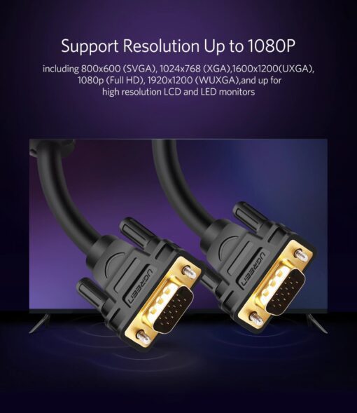 Cáp VGA tròn 2 đầu đực màu đen Ugreen VG101 11631 Dài 3m