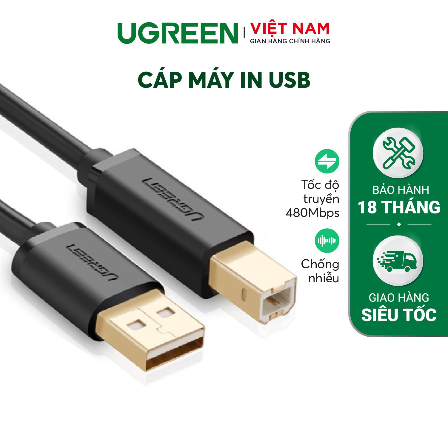 Dây cáp máy in Ugreen US135 10351 chuyển từ USB-A sang USB-B Dài 3m