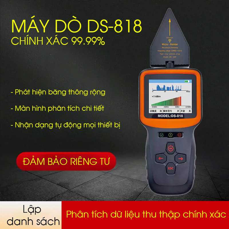 Thiết bị dò sóng Camera siêu nhỏ, định vị, ghi âm DS-818 Chính xác đến 99.99%