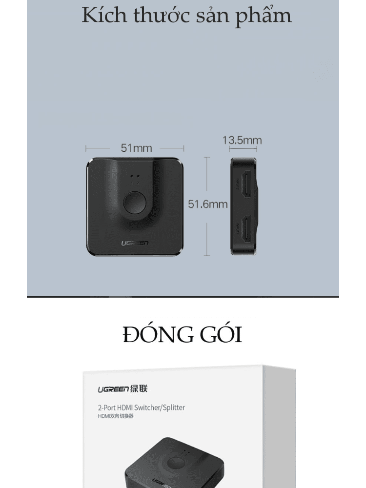 Bộ Switch HDMI 2 ra 1 UGREEN CM217 50966 (tương thích ngược 1 ra 2) chuẩn 1.4