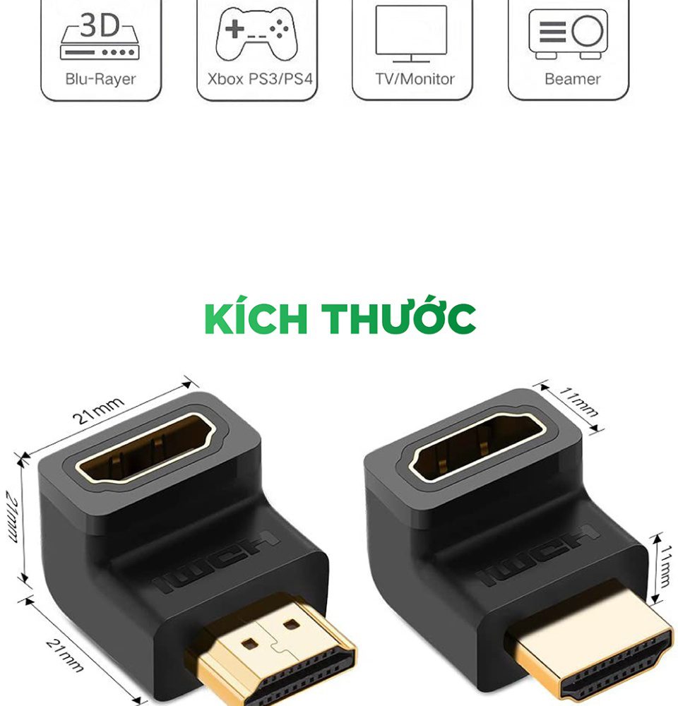 Đầu nối cổng HDMI male sang HDMI female vuông góc 90 độ BẺ XUỐNG UGREEN 20109