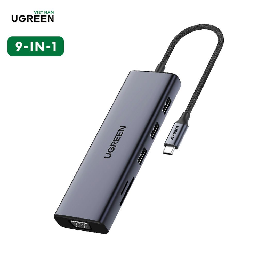 Hub USB Type-C 9 trong 1 ra HDMI 4K@30Hz, VGA, USB 3.0, Lan 1Gbps, SD/TF, Sạc PD 100W Ugreen 15600