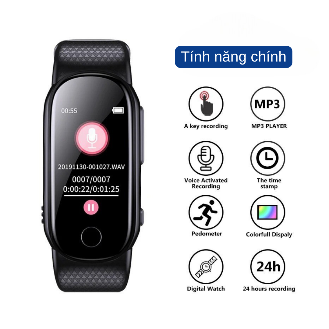 Đồng hồ đeo tay W2S - Ghi âm 24h - Lọc âm thanh tốt, khử ồn - bán kính 20m