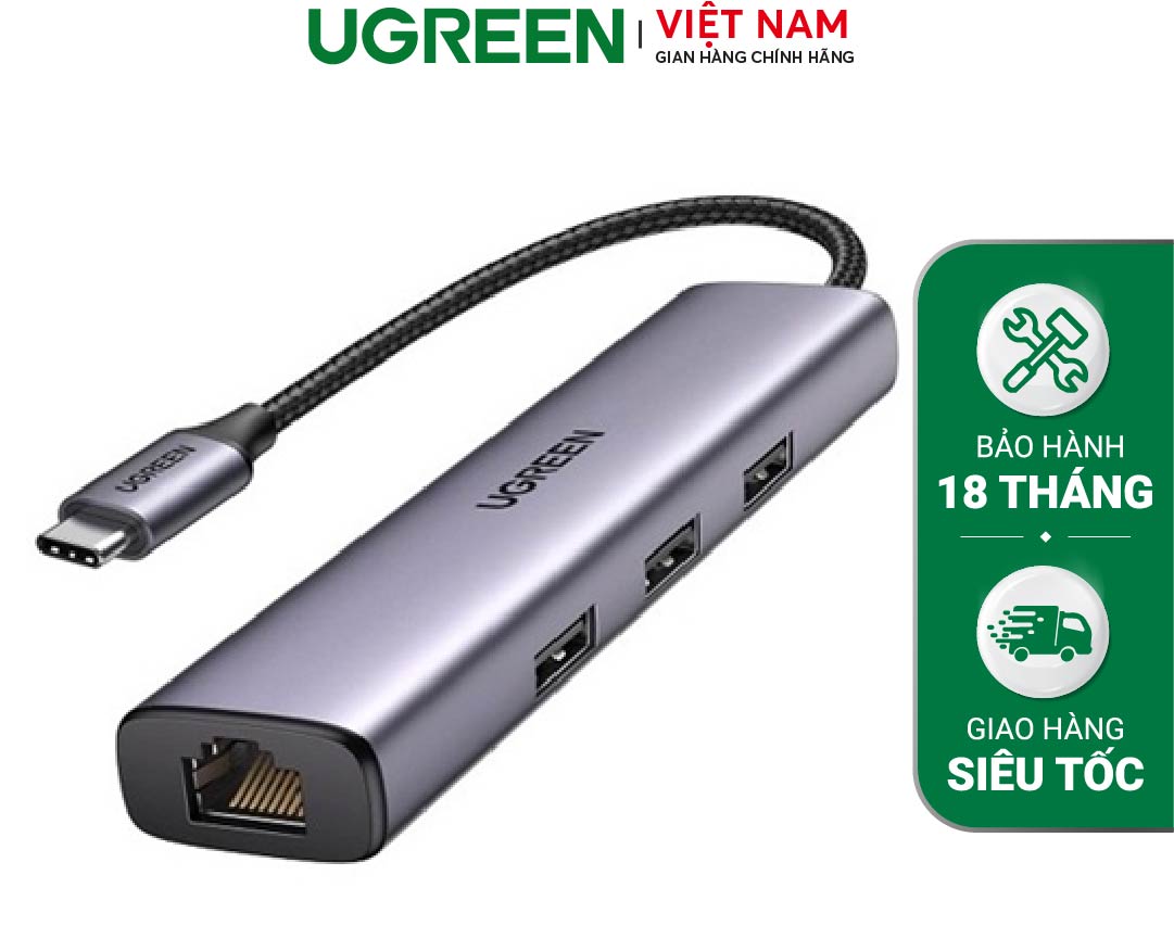 Hub chia USB Type-C to 3 cổng USB 3.0 Type-A kèm Lan Gigabit, vỏ nhôm Ugreen 60600