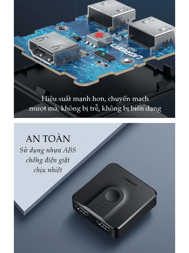 Bộ Switch HDMI 2 ra 1 UGREEN CM217 50966 (tương thích ngược 1 ra 2) chuẩn 1.4