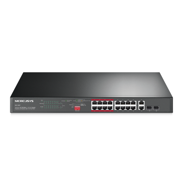 Switch PoE Mercusys MS118CP (16 PoE, 2 Uplink Gigabit, 2 SFP, 190W)
