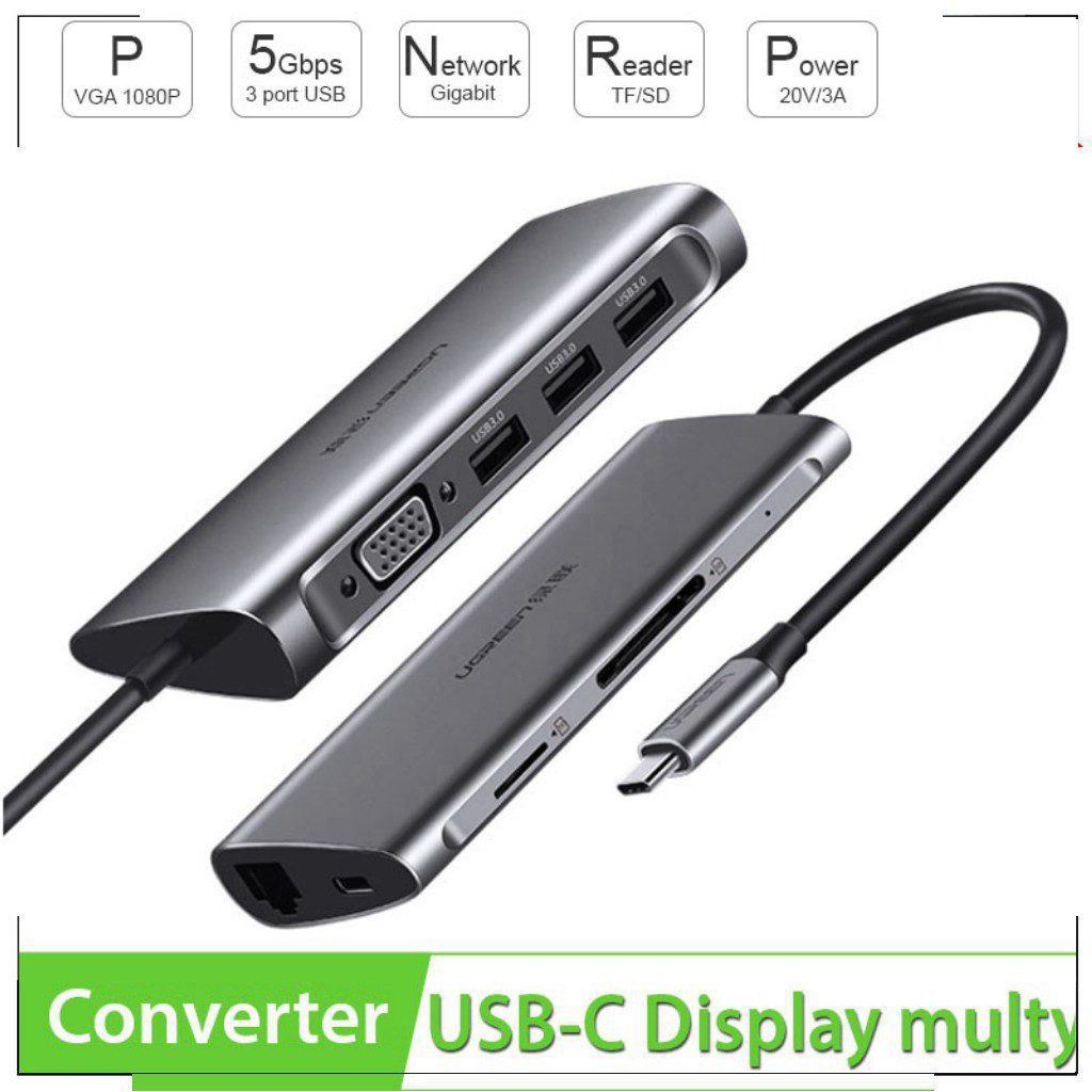 Bộ chuyển đổi USB-C sang 3 cổng USB 3.0 + HDMI + RJ45 + SD/TF Ugreen 50538
