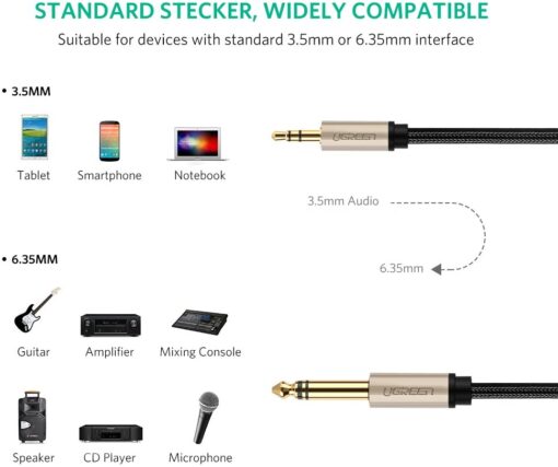 Dây âm thanh 3.5mm đực sang 6.5mm mạ vàng 24k cao cấp UGREEN AV127 10625 Dài 1m