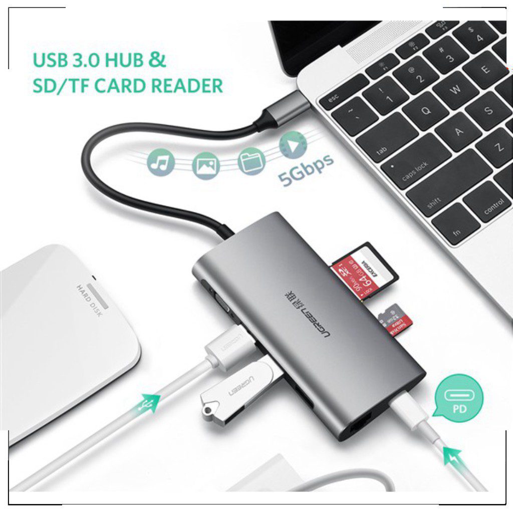 Bộ chuyển đổi USB-C sang 3 cổng USB 3.0 + HDMI + RJ45 + SD/TF Ugreen 50538