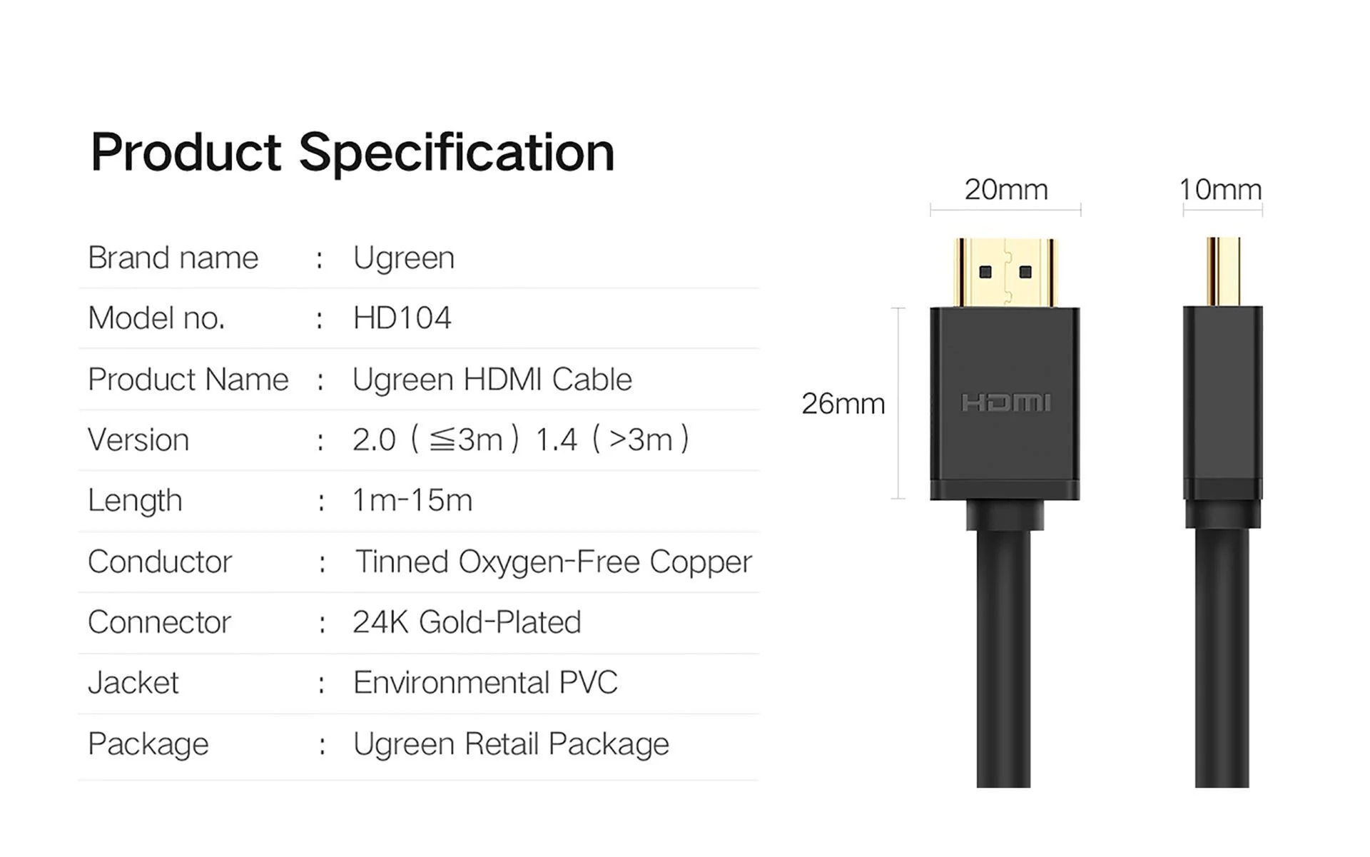 Dây cáp HDMI 2.0 4K@60Hz thuần đồng 19+1 UGREEN HD104 10106 Dài 1m