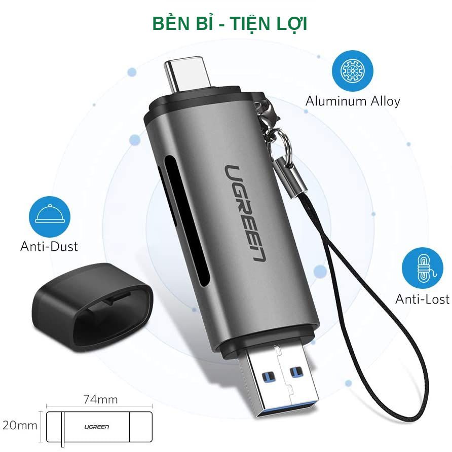 Đầu đọc thẻ Type C UGREEN CM184 – mã 50704: 2 đầu USB type C hỗ trợ 2 khe thẻ cắm SD và TF
