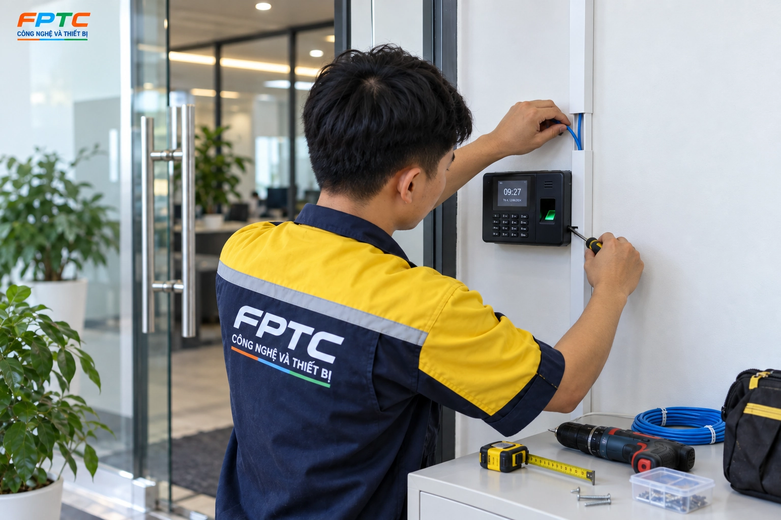 ật vi&ecirc;n FPTC đo vị tr&iacute;, đi d&acirc;y mạng v&agrave; cố định m&aacute;y chấm c&ocirc;ng tr&ecirc;n tường; d&acirc;y được đặt trong nẹp gọn g&agrave;ng.