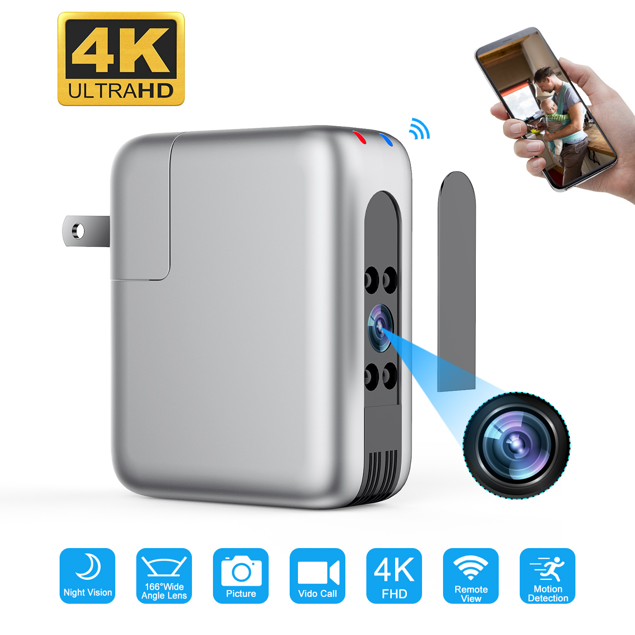 Camera Sạc Điện Thoại B22 - Góc Rộng 166 Độ, Hình Ảnh Siêu Nét - Âm Thanh Rõ Ràng