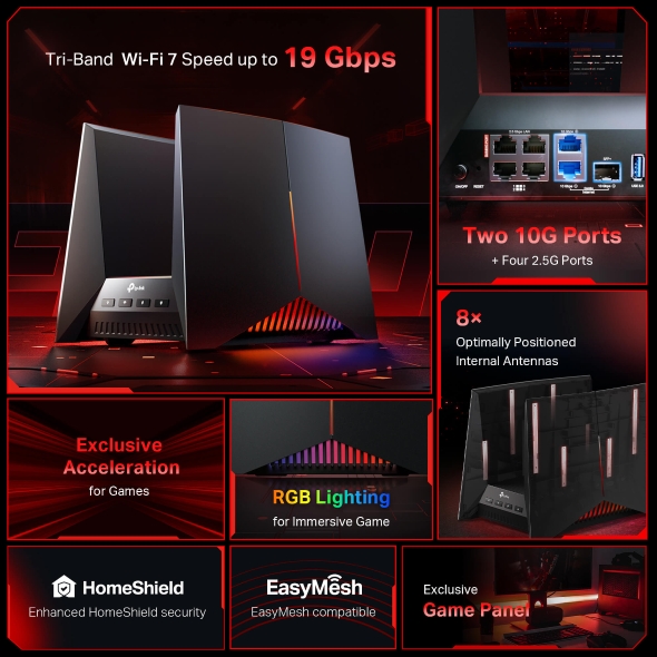 Gaming Router Wi-Fi 7 BE19000, 3 Băng Tần Tp-link Archer GE800