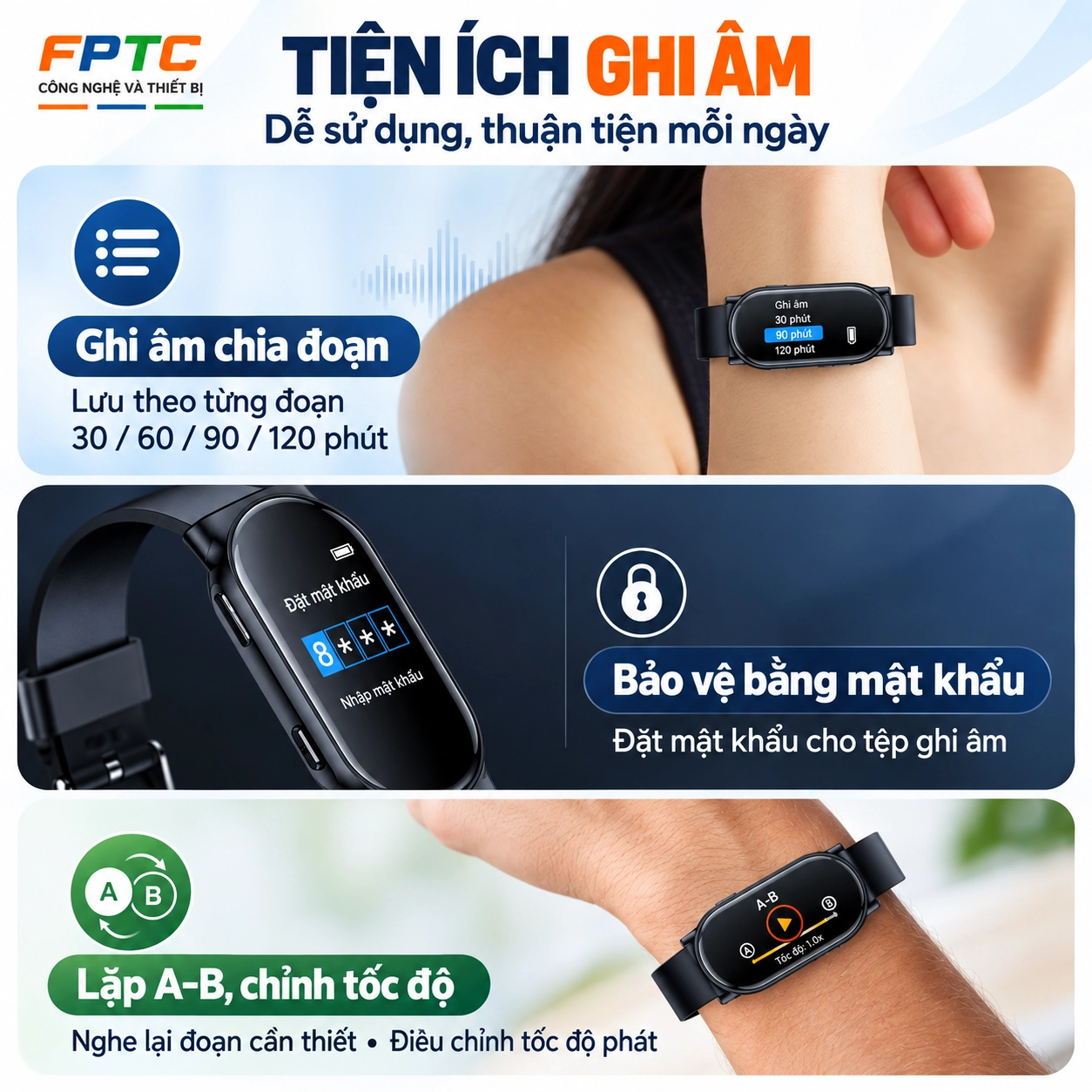 Máy ghi âm đồng hồ đeo tay Lenovo C1 – Ghi liên tục 15 giờ
