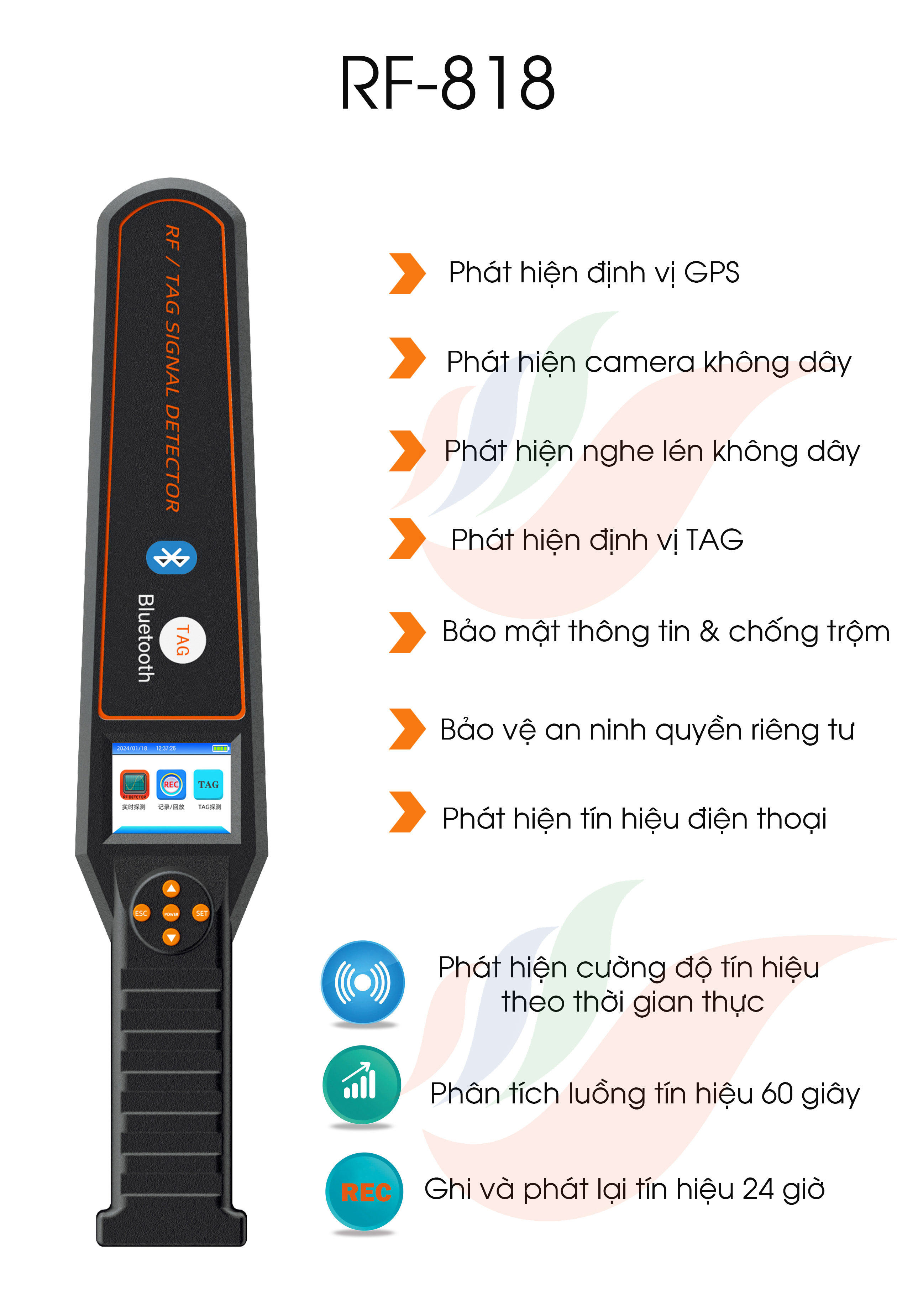 RF818: Máy dò thiết bị định vị TAG / GPS / Bluetooth, Chống giám sát/ Nghe lén quét và tìm kiếm