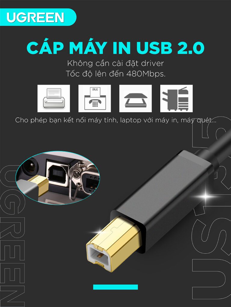 Dây cáp máy in Ugreen US135 20846 chuyển từ USB-A sang USB-B Dài 1m