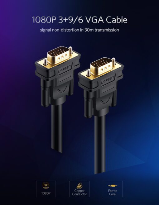 Cáp VGA tròn 2 đầu đực màu đen Ugreen VG101 11631 Dài 3m