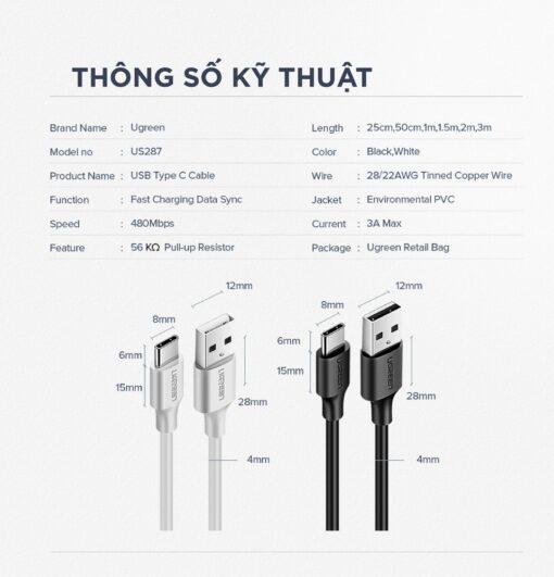 Cáp sạc, dữ liệu USB Type-A 2.0 sang USB Type-C dài 1M Ugreen US287 60121 Màu Trắng