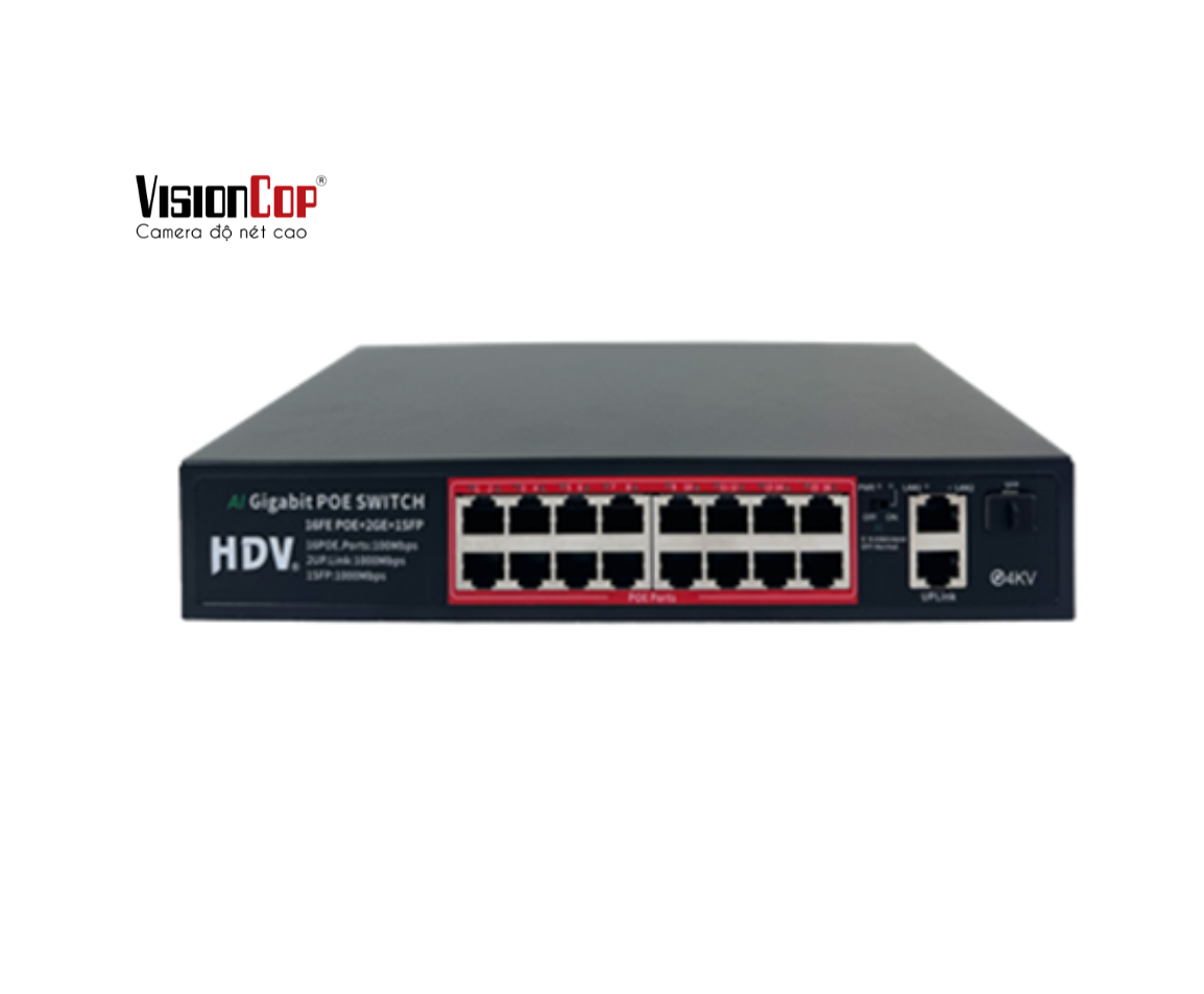 Switch 16 cổng PoE 10/ 100M, 2 cổng uplink 10/100/1000M, 1 cổng SFP Visioncop HDV6016G