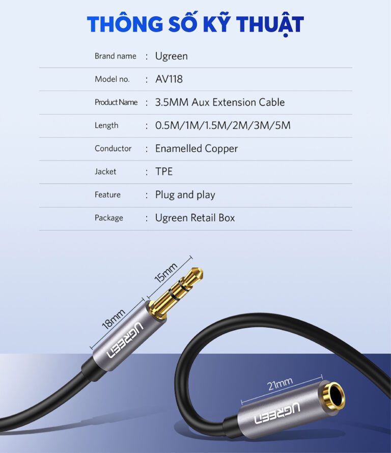 Dây cáp nối dài 3.5mm UGREEN AV118 40674 hỗ trợ Mic Màu Xanh Dài 1.5m