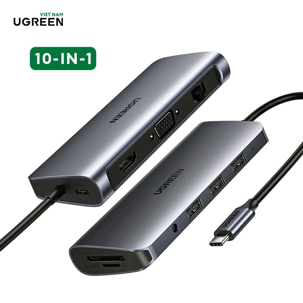 Bộ chuyển đổi Type C UGREEN 80133 – 3*USB 3.0+HDMI+VGA+RJ45 +SD/TF+3.5mm Audio+PD