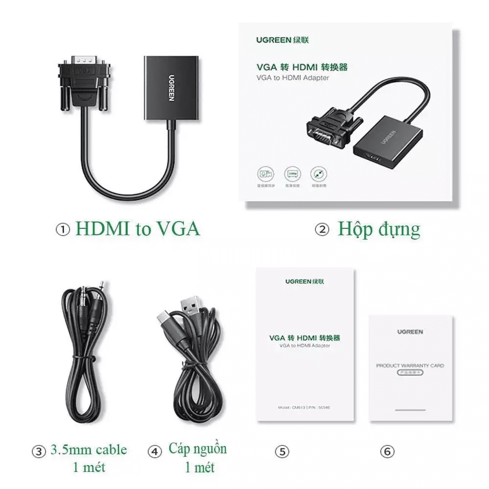 Bộ chuyển đổi VGA sang HDMI Ugreen 50945 hỗ trợ 1080P@60Hz