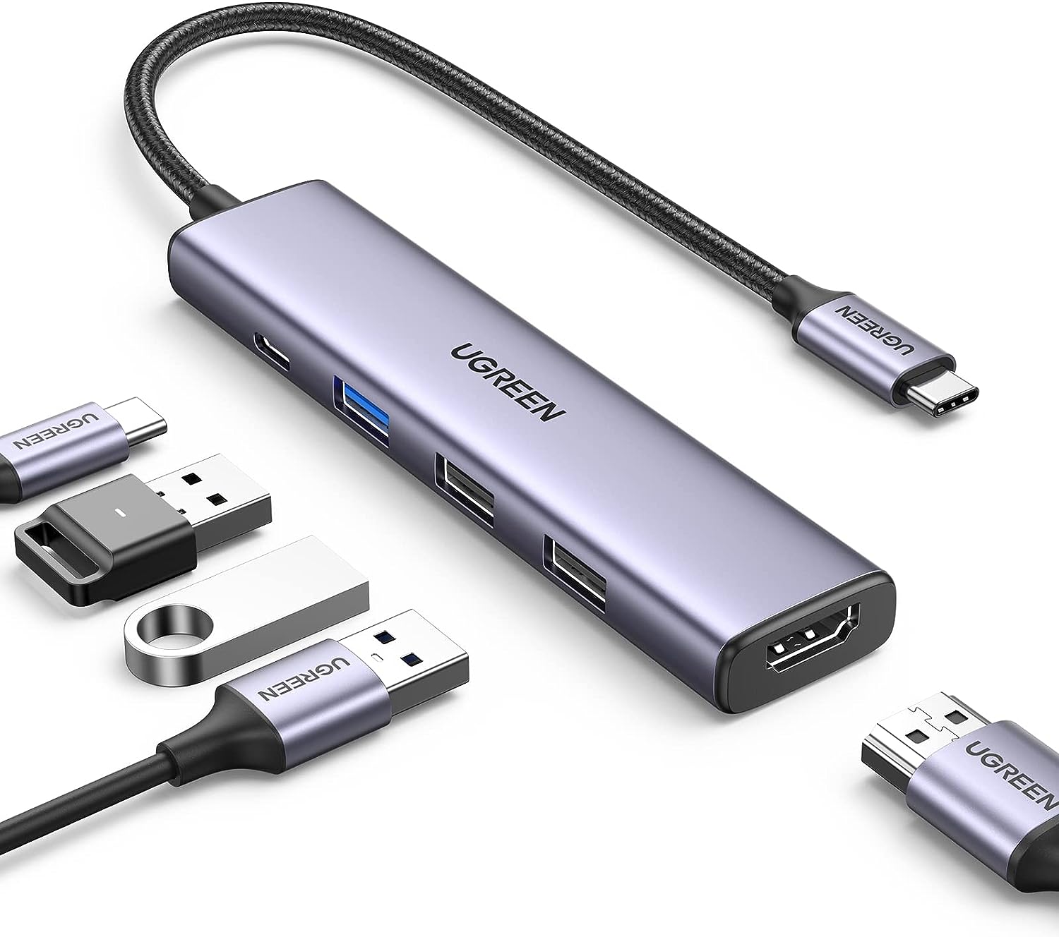 Hub USB Type-C 5 trong 1 ra HDMI 4K@30Hz, USB 2.0, USB 3.0, Sạc PD 100W Ugreen 15495 cao cấp